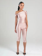 Midnight Knot Crop Top And Capri Set With Diagonal Collar
