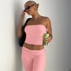 Strapless Crop Top And High Waist Ruched Flare Pants Set