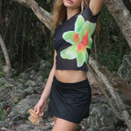 Floral Mesh Beach Cover Up Set With Crop Top And Mini Skirt In Sheer