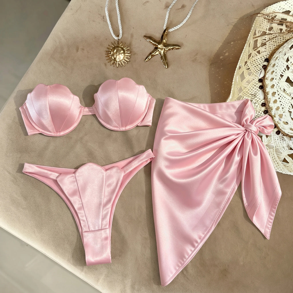 Shell 3 Pcs Bikini with Skirt Push Up Swimwear Underwire Bathing Suit