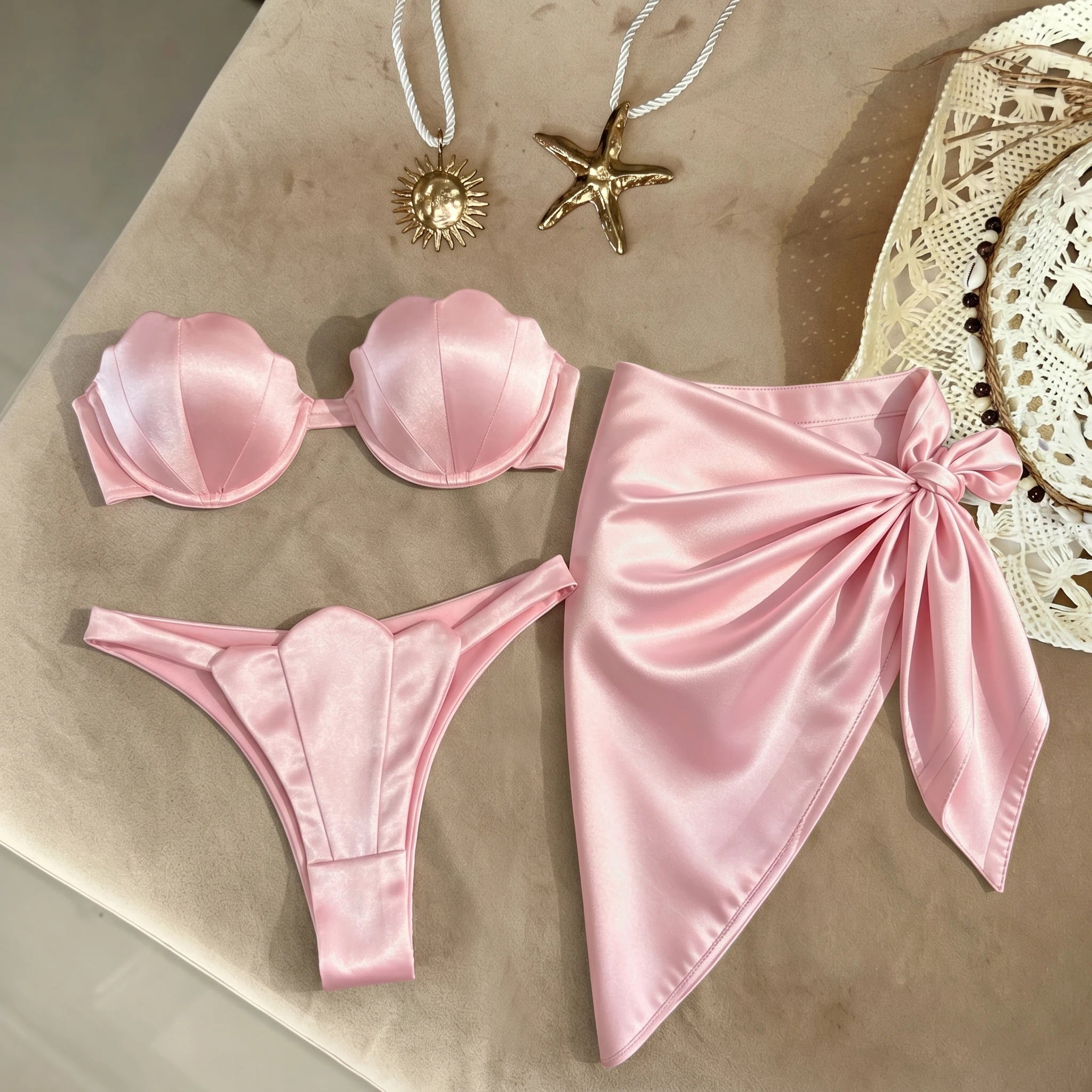 Shell 3 Pcs Bikini with Skirt Push Up Swimwear Underwire Bathing Suit