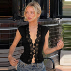 Flirty Lace Sheer V Neck Sleeveless Crop Top With Button Front Slim Fit