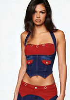 L Corduroy Panel Denim Halter Bustier Top + Flare Jeans