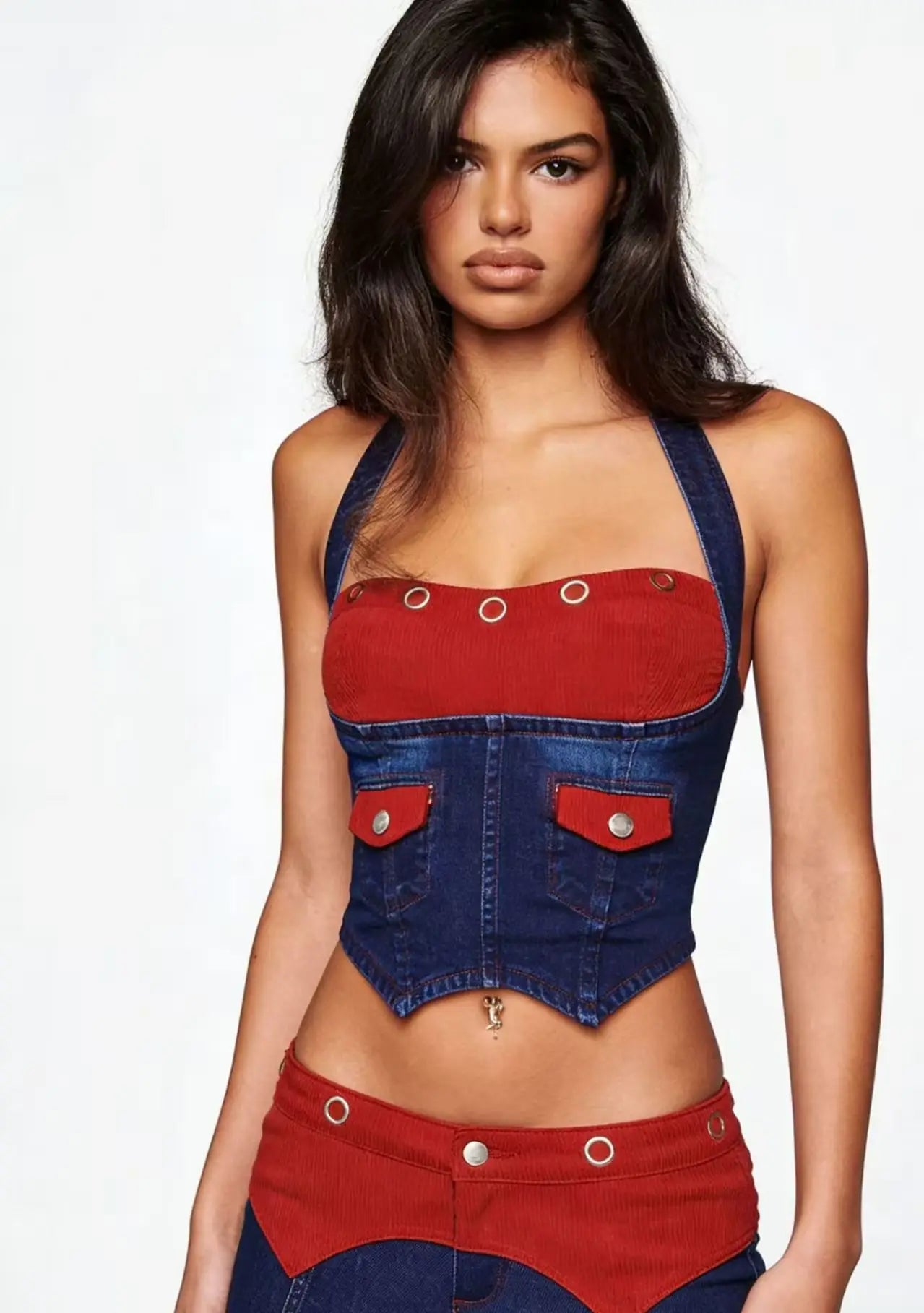 L Corduroy Panel Denim Halter Bustier Top + Flare Jeans