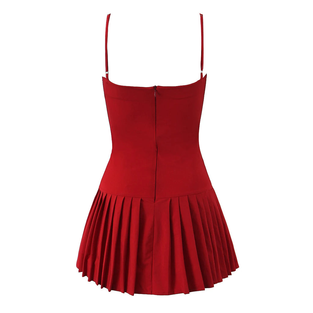 Crimson Ruched Front Button Mini Dress With Slash Collar And Sling Bodice