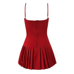 Crimson Ruched Front Button Mini Dress With Slash Collar And Sling Bodice