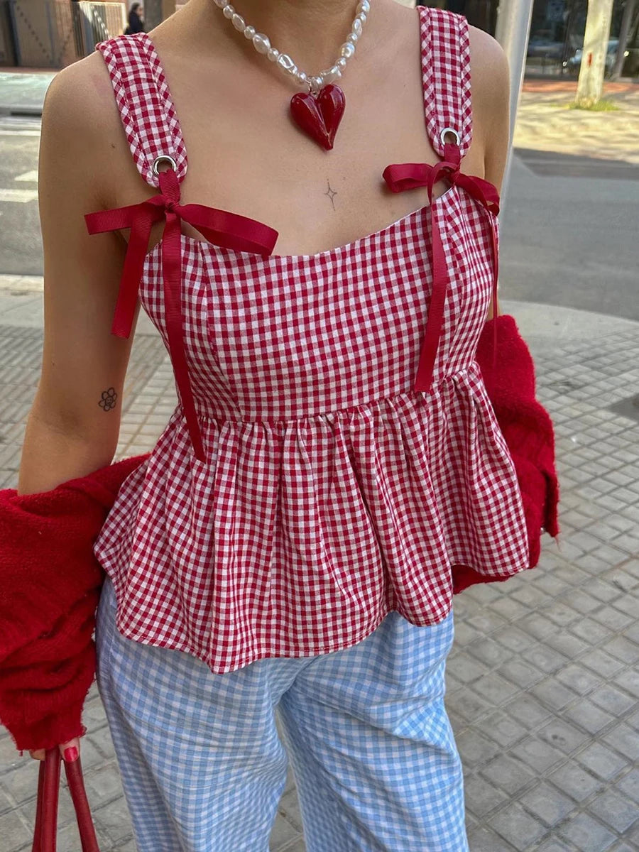 Women Plaid Tank Tops Spaghetti Strap Square Neck Peplum Cami Top Ruffle Smocked