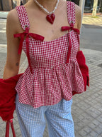 Women Plaid Tank Tops Spaghetti Strap Square Neck Peplum Cami Top Ruffle Smocked