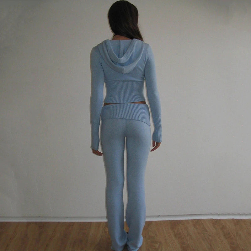 Ribbed Knit Two Piece Tracksuit Set With Hooded Crop Top And Elastic Zippered Pants