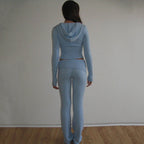 Ribbed Knit Two Piece Tracksuit Set With Hooded Crop Top And Elastic Zippered Pants