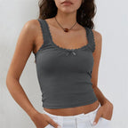 Coquette Lace Trim Knit Crop Top With Bow Sleeveless Square Collar