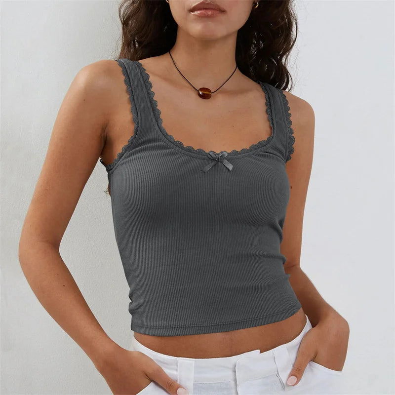 Coquette Lace Trim Knit Crop Top With Bow Sleeveless Square Collar