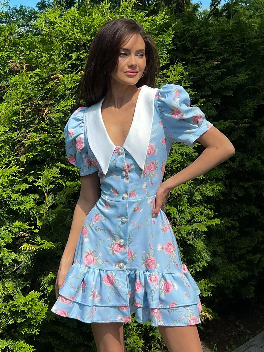 Puff Sleeves Ruffled Mini Dress With Pearl Buttons