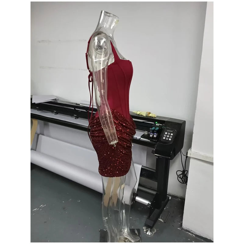 Sequin Patchwork Sling Mini Dress Off Shoulder Backless Waist Cinching Party Gown
