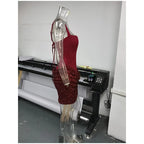 Sequin Patchwork Sling Mini Dress Off Shoulder Backless Waist Cinching Party Gown