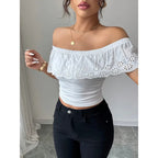 Hollow Jacquard Off Shoulder Top In