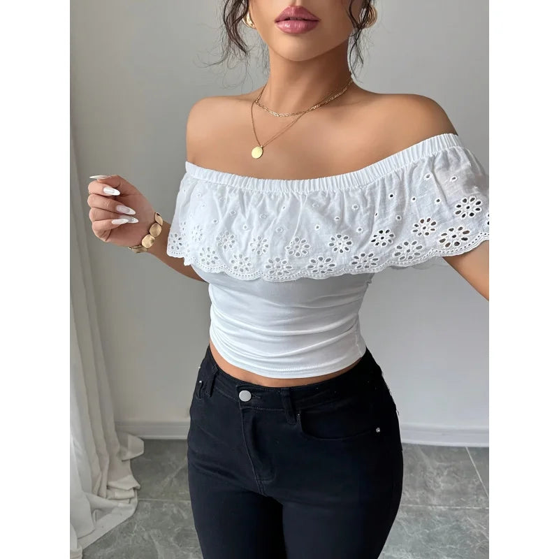 Hollow Jacquard Off Shoulder Top In