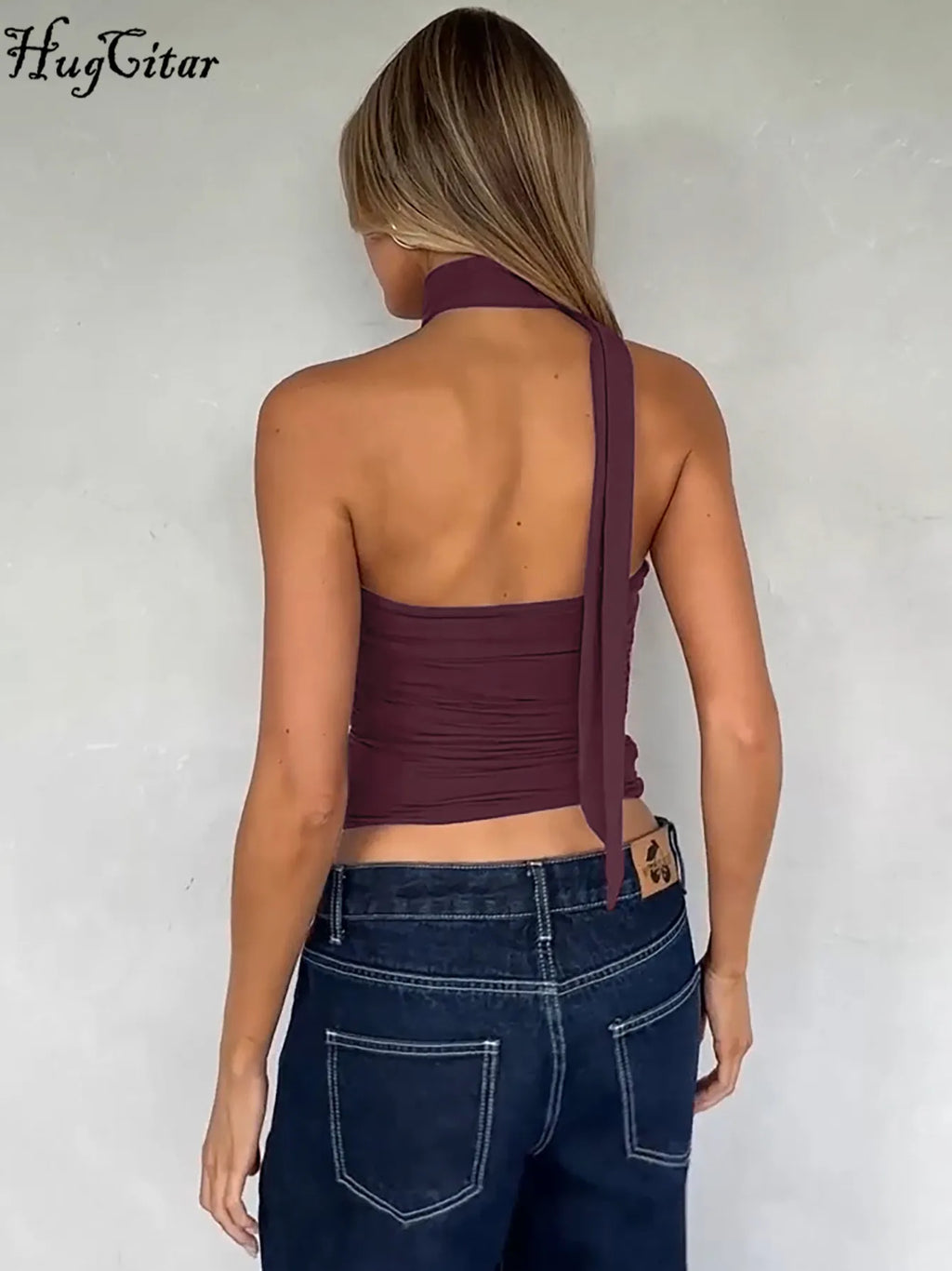 Elegant Halter Crop Top With Scarf Strap Ruched Slim Solid Design For Summer Streetwear