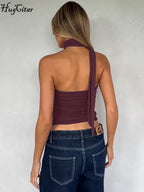Elegant Halter Crop Top With Scarf Strap Ruched Slim Solid Design For Summer Streetwear