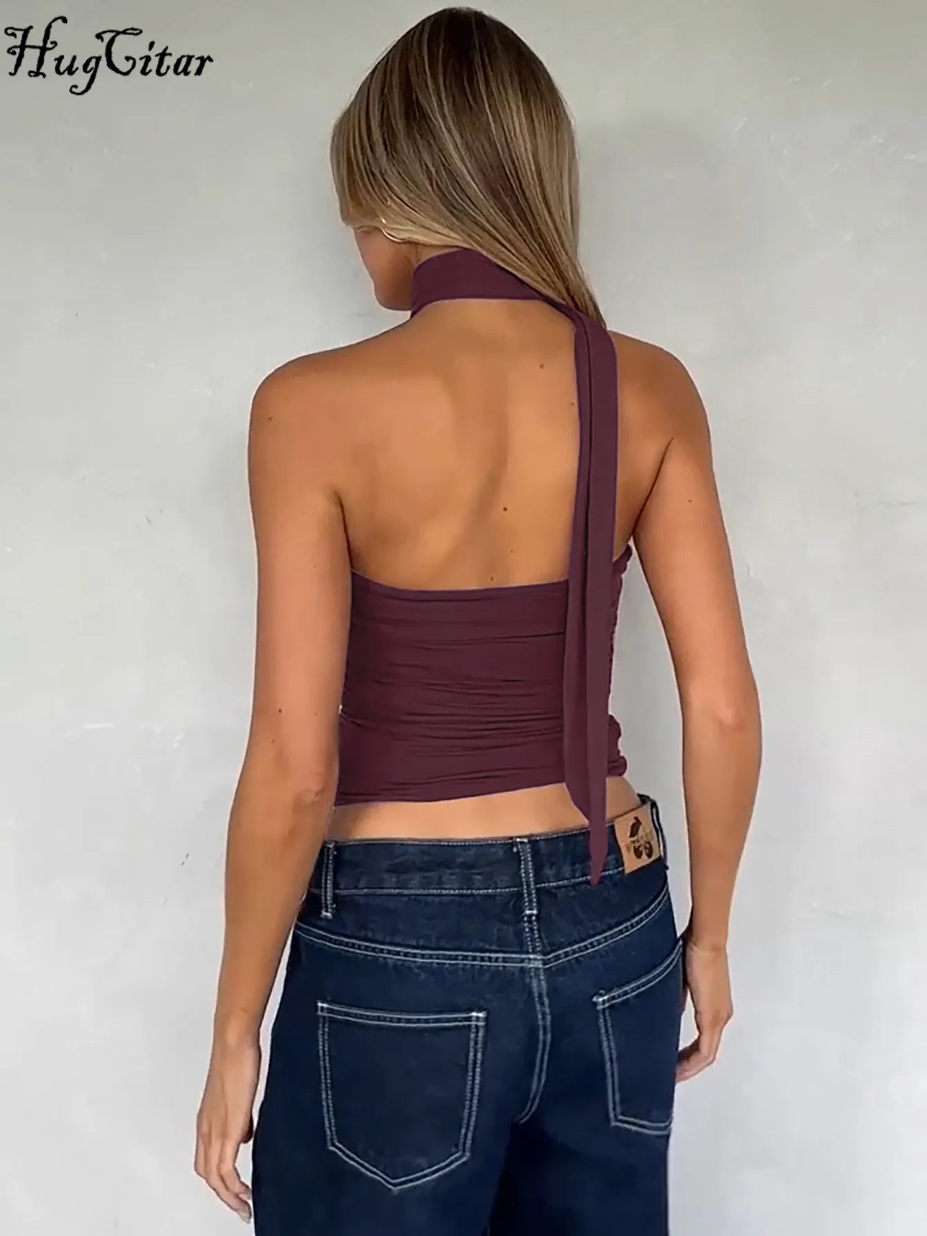 Elegant Halter Crop Top With Scarf Strap Ruched Slim Solid Design For Summer Streetwear