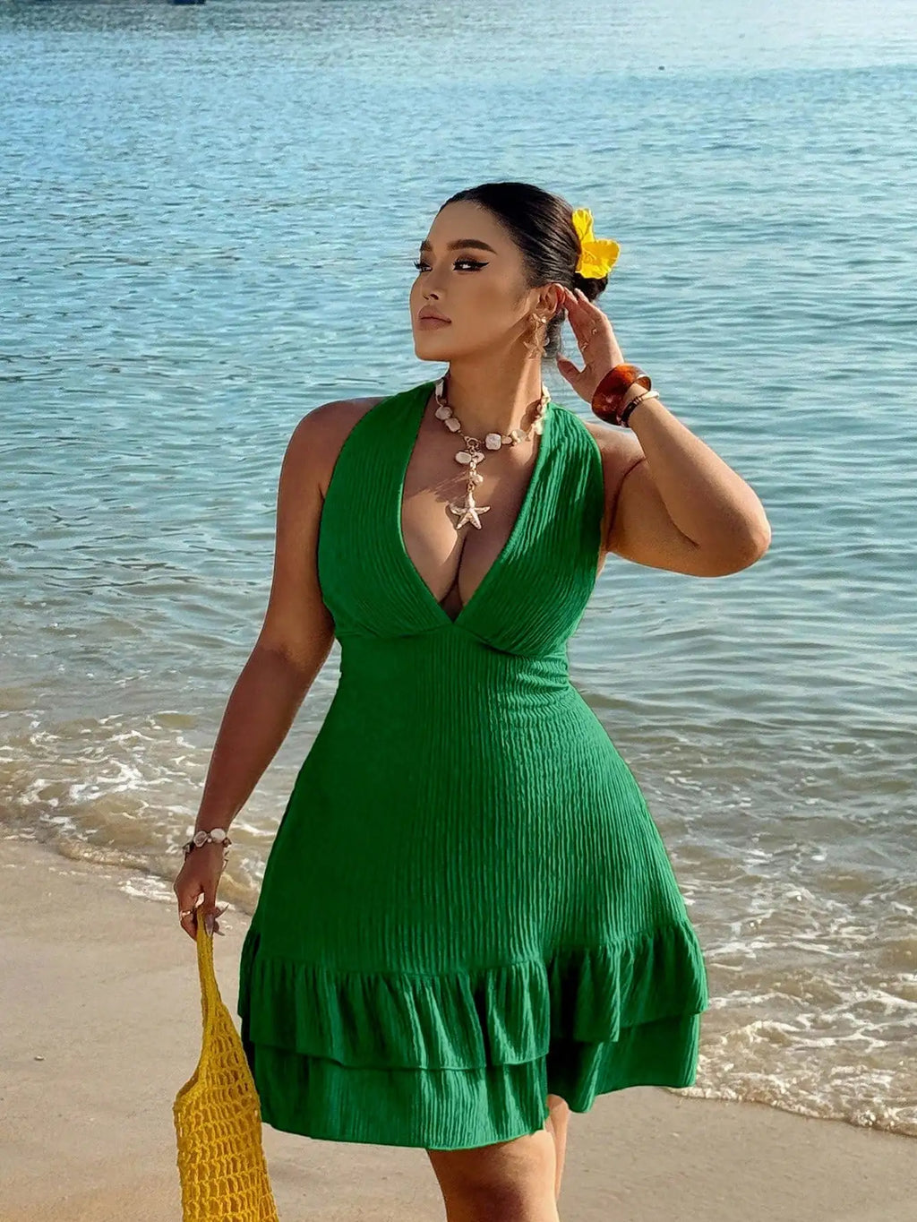 Plus Size Halter Dress With Deep V Neck And Ruffles