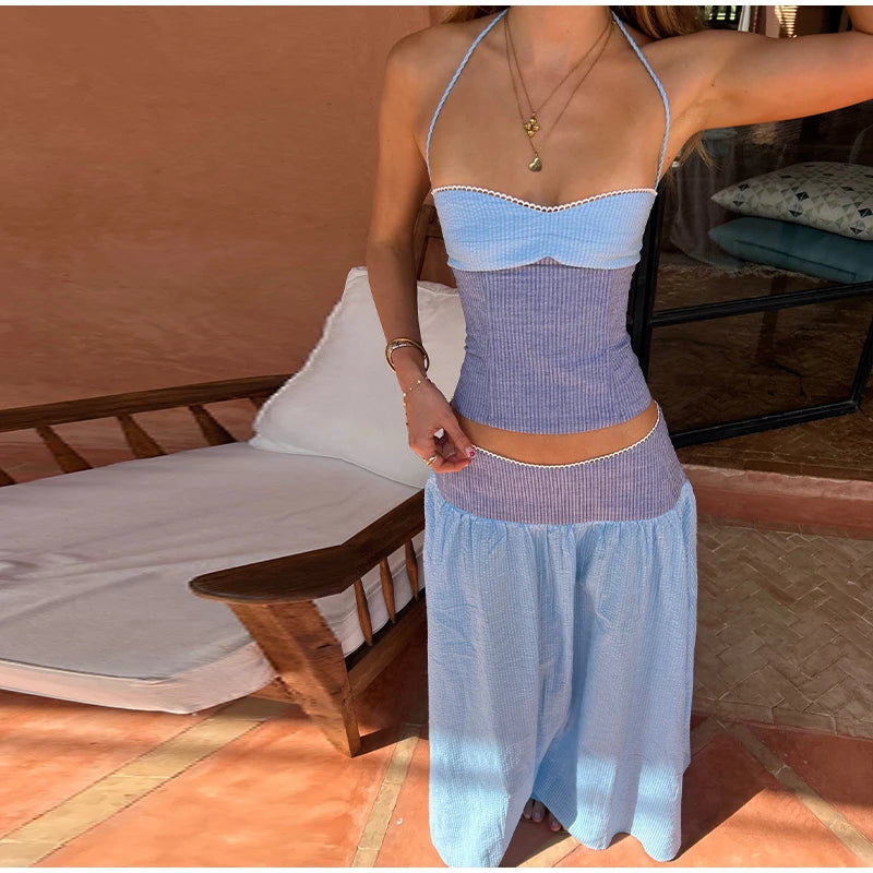 Hanging-Neck Top And A-Line Skirt Set Sleeveless Backless Bandage Style