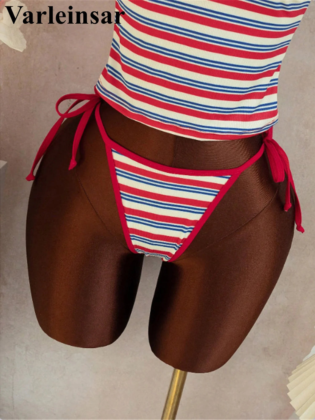 Striped V Neck Tankini Two Piece Bikini Halter Set