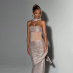 Sequins Off Shoulder Dress With Cinched Waist Sheer Ribbon Pleated Long Sleeves Glam