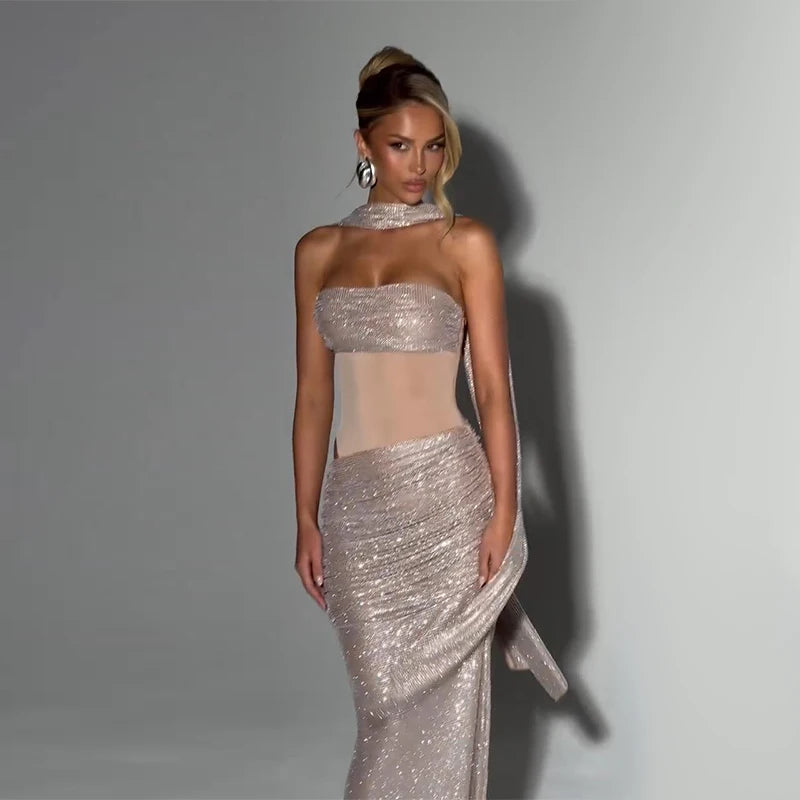 Sequins Off Shoulder Dress With Cinched Waist Sheer Ribbon Pleated Long Sleeves Glam