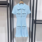 Polo Neck Knit Dress With Elastic Slim Fit And Multi Pocket Wrapped Hip Skirt