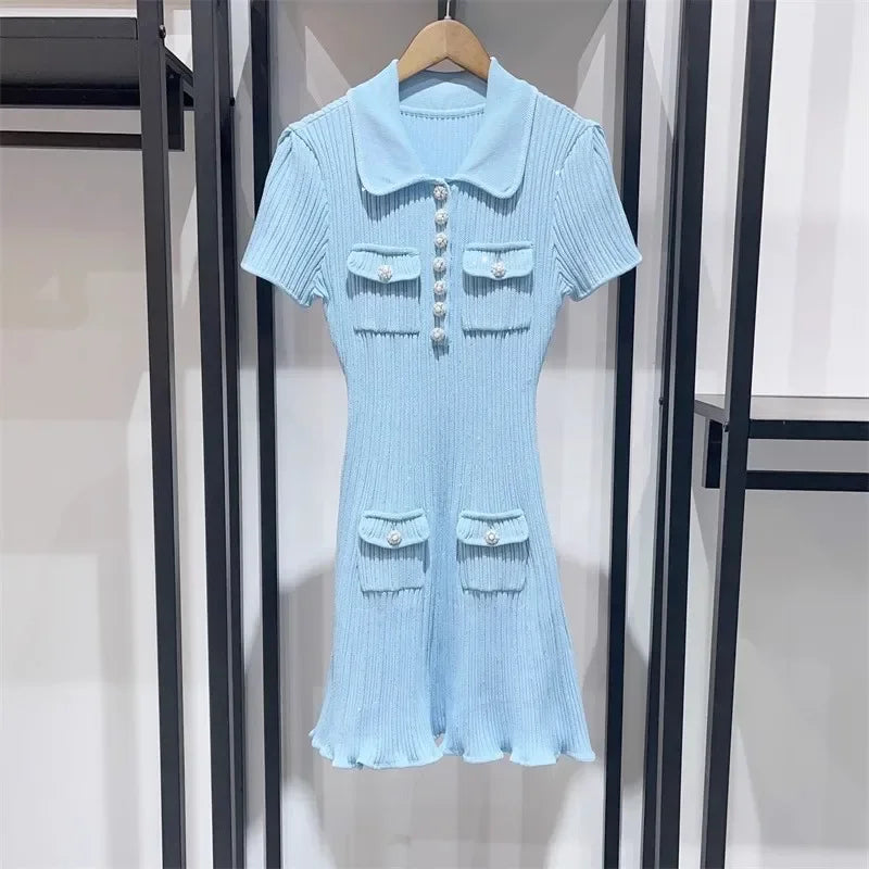 Polo Neck Knit Dress With Elastic Slim Fit And Multi Pocket Wrapped Hip Skirt