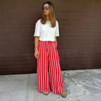 Relaxed Striped Pants For Women With Elastic Waist And Lace Up Detail Wide Leg Straight Trousers