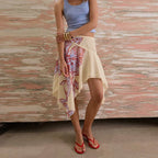 Boho Printed Long Skirt With High Waist And Irregular Hem Tassel Detail