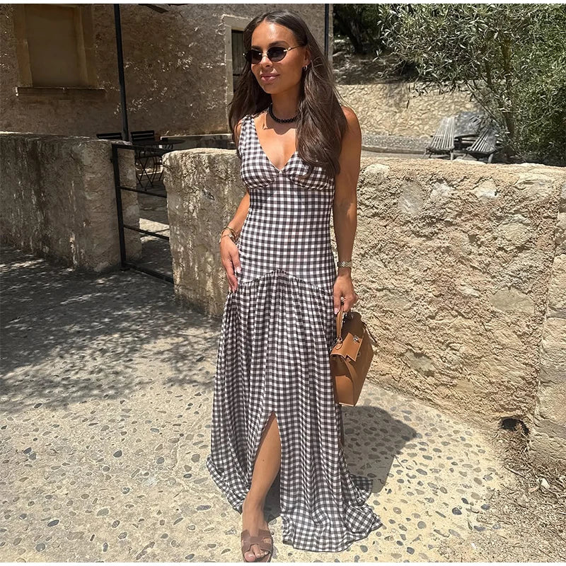 Polka Dot Pleated Maxi Dress With Slit V Neck Off Shoulder Sleeveless Evening Wear