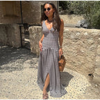 Polka Dot Pleated Maxi Dress With Slit V Neck Off Shoulder Sleeveless Evening Wear