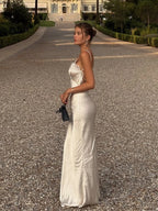 V-Neck Satin Sling Maxi Dress With Lace Patchwork Backless Evening Gown