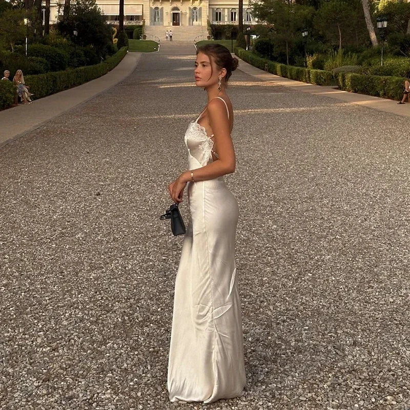 V-Neck Satin Sling Maxi Dress With Lace Patchwork Backless Evening Gown