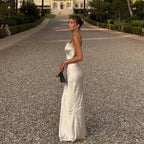 V-Neck Satin Sling Maxi Dress With Lace Patchwork Backless Evening Gown