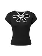 Floral Patchwork Tee With Hole Detail For Women Slim Fit Streetwear Top With Light Stretch