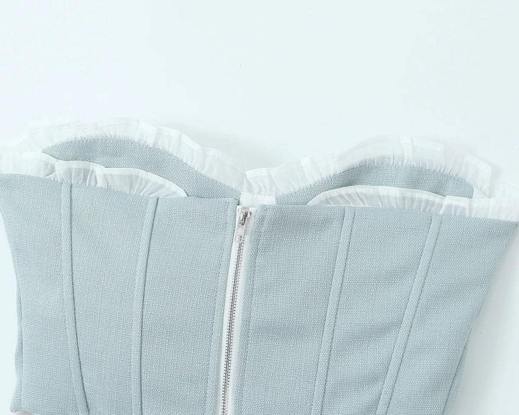 Sultry Gray And White Spliced Corset Crop Top With Fishbone Bodice