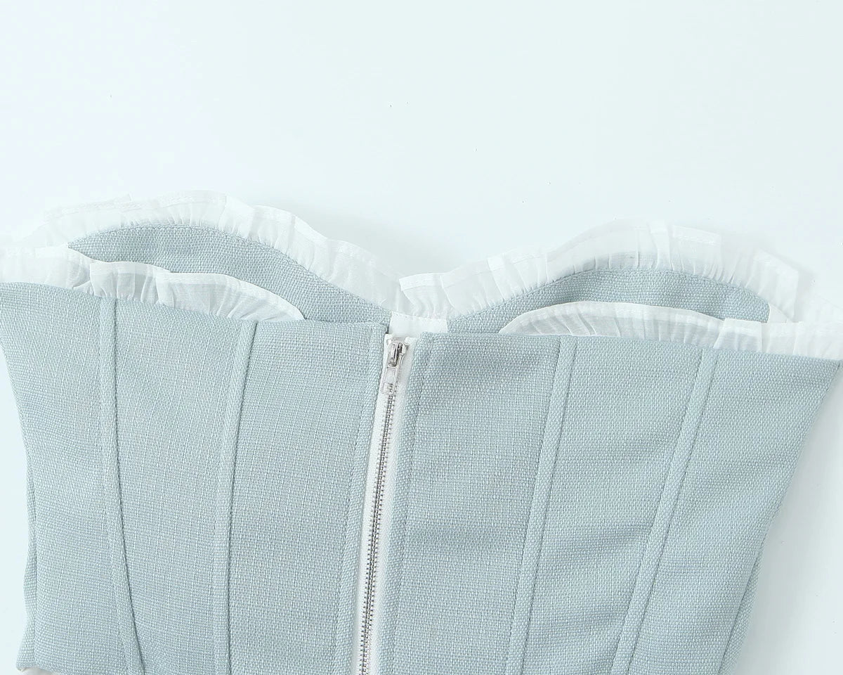 Sultry Gray And White Spliced Corset Crop Top With Fishbone Bodice