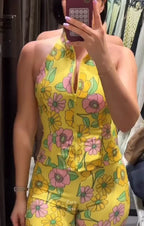 Floral Backless Halter Neck two piece Crop Top And Capris Set