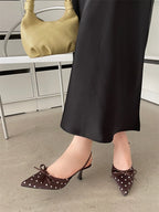 Satin Butterfly Polka Dot Pointed Toe Mules For Women Low Heel Pumps