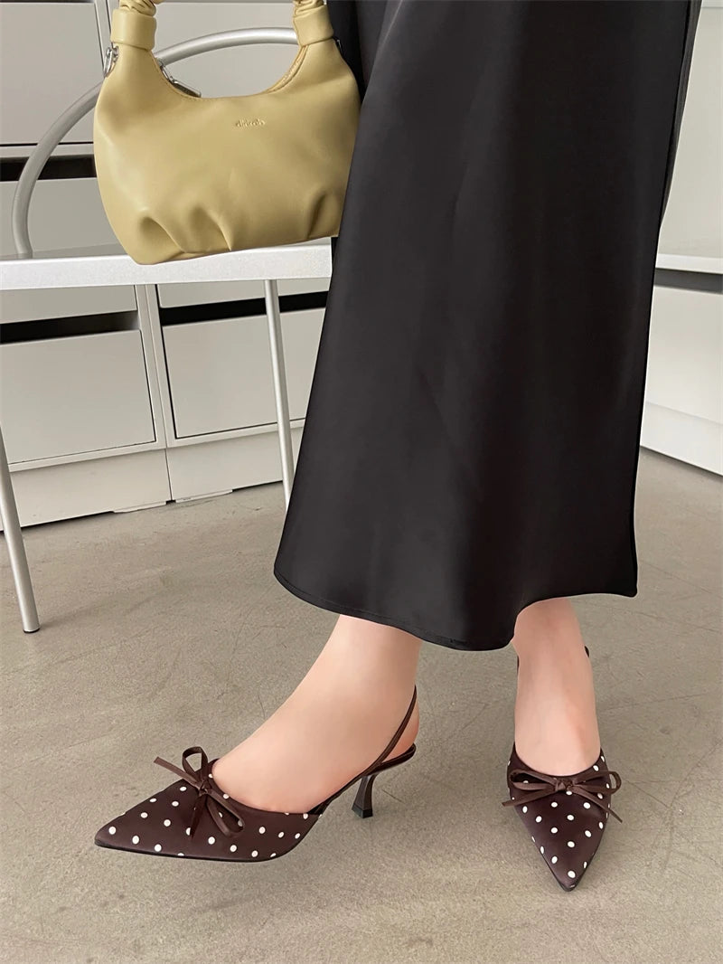 Satin Butterfly Polka Dot Pointed Toe Mules For Women Low Heel Pumps