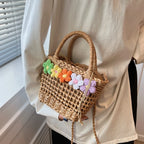 Straw Woven Shoulder Bag With Floral Details