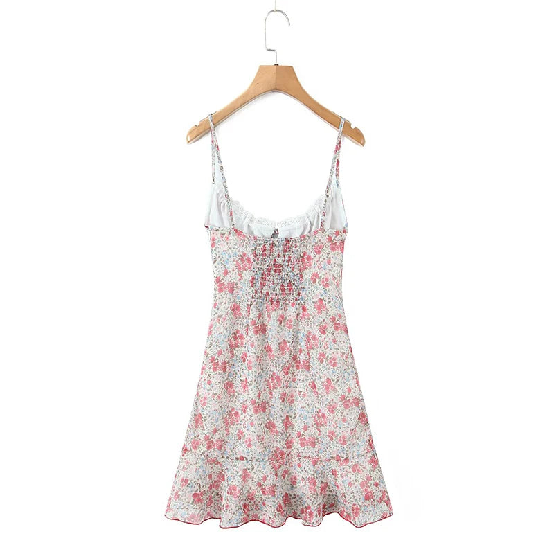Floral Print Sexy Sling Mini Women Lace Spliced O Neck A-line Dress