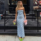 Blue Polka Dot Halter Maxi Dress For Women Color Block Backless Lace Up