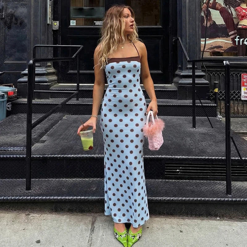 Blue Polka Dot Halter Maxi Dress For Women Color Block Backless Lace Up