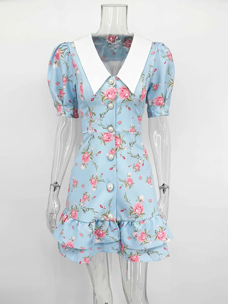 Puff Sleeves Ruffled Mini Dress With Pearl Buttons