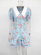 Puff Sleeves Ruffled Mini Dress With Pearl Buttons